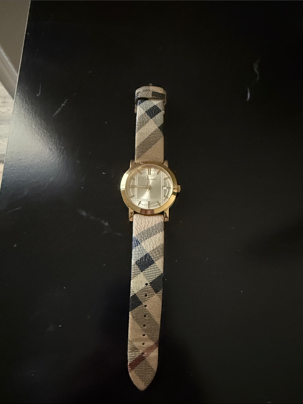 Burberry Gold-Tone Watch with Beige Plaid Strap